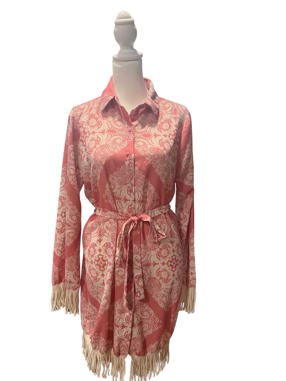 Coral Paisley Button-Front Shirt Dress with Fringe